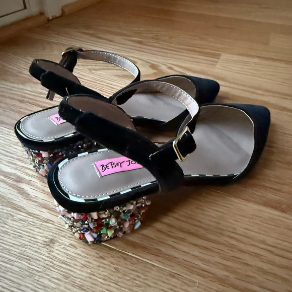 Betsey Johnson Shoes - Betsey Johnson Black Velvet Pointed Toe Colorful Crystal Gem Heels Size 7.5